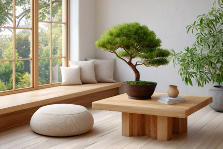 Minimalist interior with bonsai tree, wooden furniture, and natural light enhancing the serene ambianceの素材