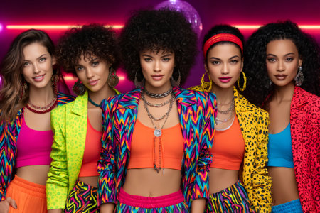 Five diverse female fashion models wearing colorful and stylish 80s clothing and accessories pose together against a vibrant, neon lit backdropの素材