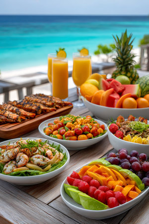 Grilled shrimps, fresh salads, and colorful tropical fruits are served on a wooden table with refreshing orange juice, overlooking a stunning turquoise oceanの素材
