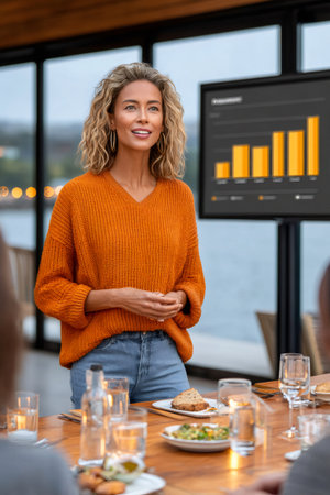 Businesswoman presenting positive statistics during a corporate dinner, fostering team celebration and strategic discussionの素材