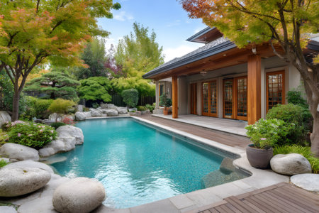 Tranquil turquoise swimming pool sits invitingly beside a traditional Japanese garden and house in the fallの素材