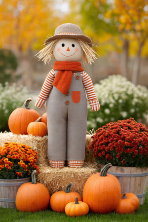 Adorable scarecrow celebrating fall harvest with pumpkins, mums, and hay bales in a festive outdoor settingの素材