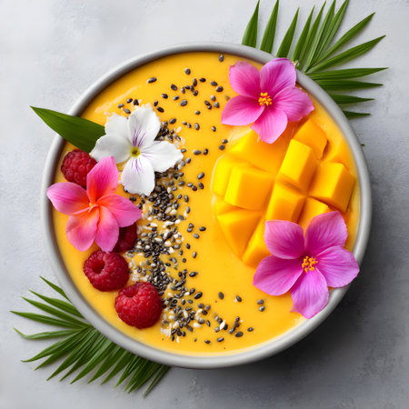 Delicious mango smoothie bowl topped with fresh raspberries, exotic flowers and chia seeds, creating a vibrant and healthy breakfastの素材