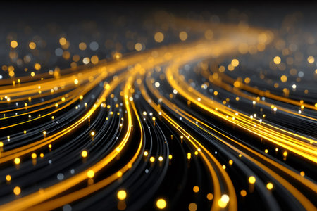 Golden particles are flowing along black curved lines, creating a futuristic digital cyberspace effectの素材