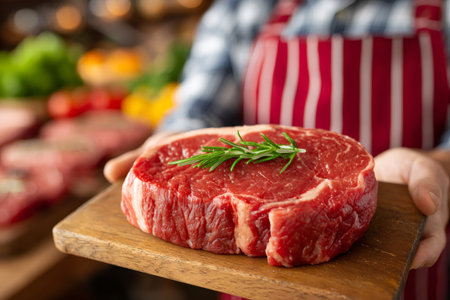 Butcher presenting a fresh rib eye steak seasoned with rosemary on a wooden cutting board, ready for preparationの素材