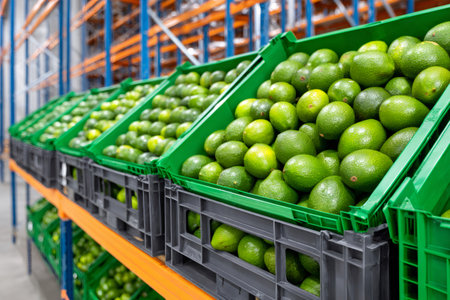 Ripe avocados are packed in crates, awaiting distribution in a warehouse, ensuring fresh delivery to consumersの素材