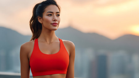 Young athletic woman looking at the cityscape at sunset after exercising, feeling happy and satisfiedの素材