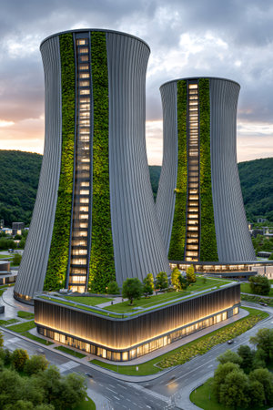 Modern eco friendly skyscrapers covered in lush greenery illuminate the cityscape at dusk, showcasing sustainable architectureの素材