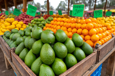 Colorful display of fresh produce including avocados, oranges, mangoes, and more at a bustling market, offering a variety of healthy optionsの素材
