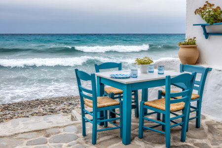 Turquoise chairs and table inviting guests to enjoy a meal with a stunning ocean view in a Greek islandの素材