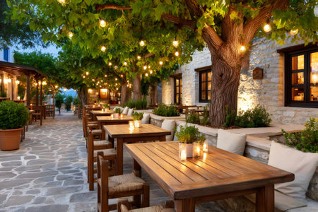 Charming outdoor restaurant with string lights illuminating wooden tables at duskの素材