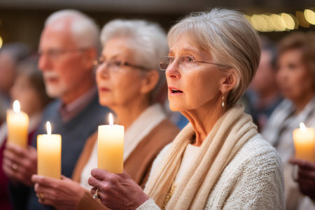 Elderly woman holding a candle and praying in a church ceremony with other parishionersの素材