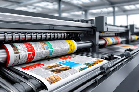Industrial printing machine processing large rolls of paper with colorful newspaper print, representing modern printing technologyの素材