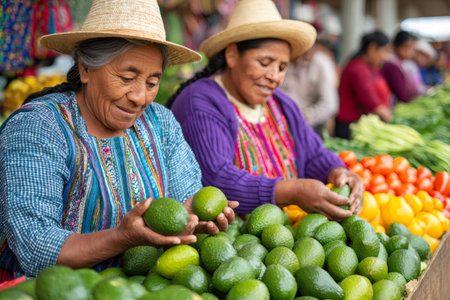 Indigenous women wearing traditional clothing selling fresh avocados and other produce at a vibrant outdoor marketの素材