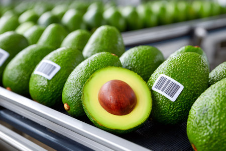 Fresh avocados with barcodes are moving along a conveyor belt, indicating automated processing and preparation for distributionの素材