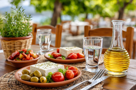 Plates of greek salad featuring feta cheese, olives, tomatoes, and olive oil, served on a table in an outdoor restaurant settingの素材