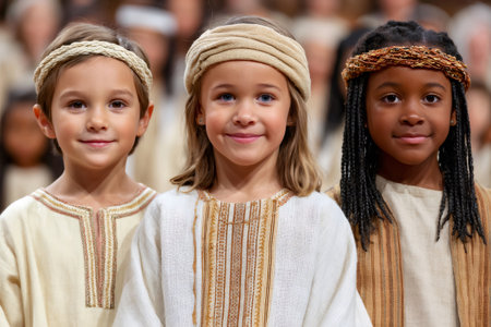 Three children wearing ancient biblical costumes are smiling together on stage during a theater performanceの素材