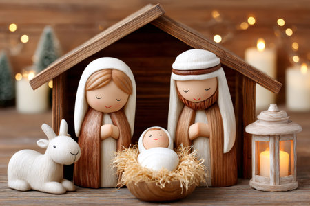 Wooden nativity scene with figurines of Mary, Joseph, and baby Jesus, representing the birth of Jesus Christの素材