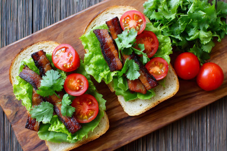Two appetizing blt sandwiches are presented on a wooden cutting board, featuring fresh lettuce, juicy tomatoes, and crispy baconの素材