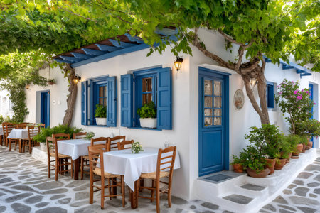 Cozy restaurant with blue door and shutters, nestled in a picturesque alley, inviting guests to enjoy a delicious meal in a traditional Greek settingの素材