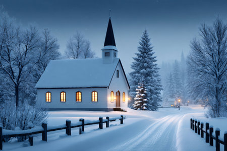 Warm lights shining from windows of a charming church in a snow covered village at twilight, creating a peaceful winter sceneの素材