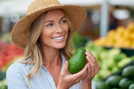 Smiling woman holding avocado at farmers market choosing healthy foodの素材