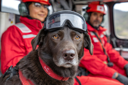 Chocolate labrador dog wearing goggles inside helicopter with two rescuersの素材