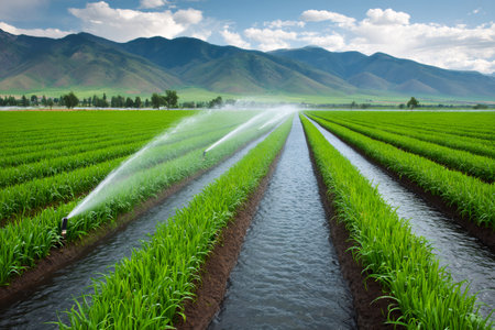 Automated sprinklers irrigating rows of crops in a cultivated field, ensuring healthy growth and abundant harvestの素材
