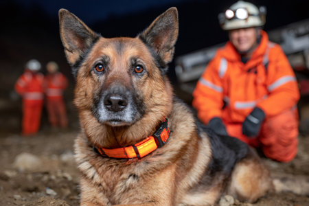 German shepherd dog wearing an orange collar lying on the ground with rescue workers in the backgroundの素材