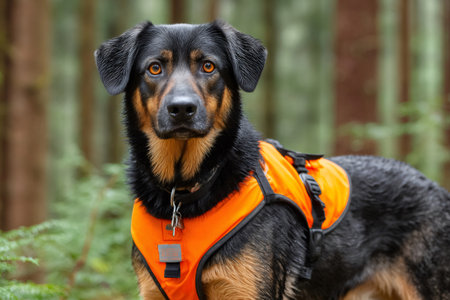 Hunting dog wearing a bright orange visibility vest standing in a forestの素材