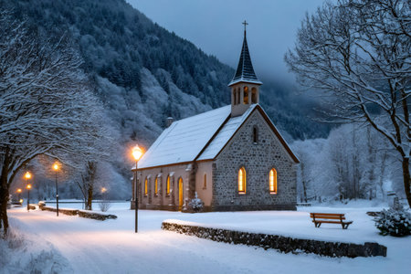Warm lights illuminating a small stone church in a snowy mountain village at twilight, creating a peaceful winter sceneの素材