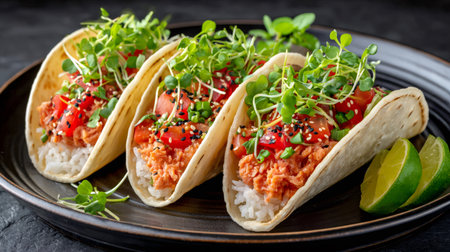 Salmon tacos garnished with rice, tomatoes, microgreens, and sesame seeds are served on a dark plate with lime wedgesの素材