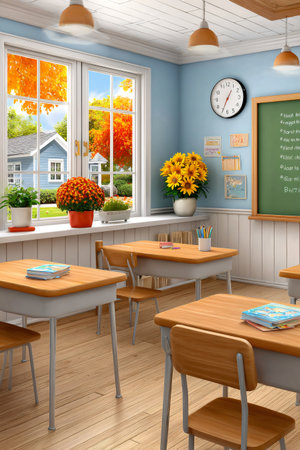Sunflowers and potted plants decorating an empty classroom with autumn leaves visible through the windowの素材