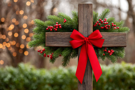 Rustic wooden cross adorned with festive garland and red bow, symbolizing faith and the spirit of Christmasの素材