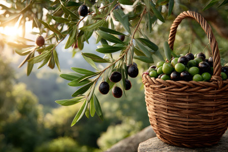 A wicker basket full of olives sits under olive branches at sunset, celebrating the harvest season and the production of olive oilの素材