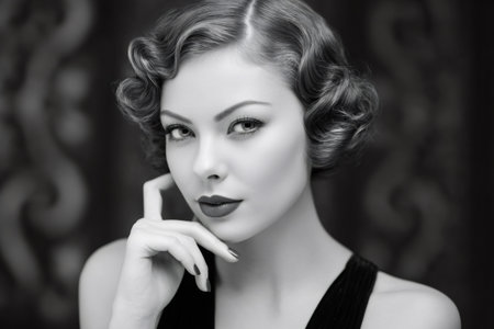 Beautiful woman with retro hairstyle and red lipstick is posing with her hand on her chinの素材