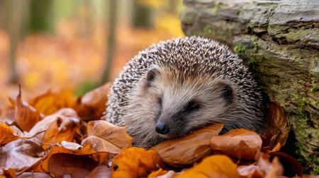 European hedgehog resting on fallen leaves in autumn forestの素材