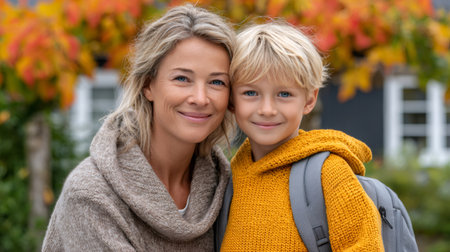 Mother and son wearing sweaters are smiling together outdoors with colorful autumn leaves in the backgroundの素材