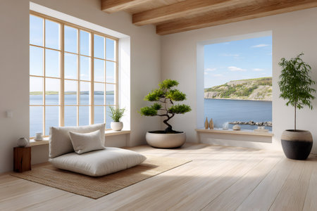 Serene minimalist interior with large windows showcasing breathtaking ocean views, featuring a bonsai tree and comfortable seatingの素材
