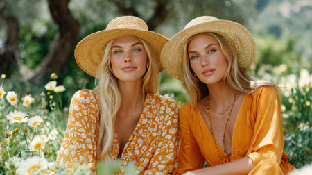 Two blonde women wearing straw hats and orange dresses are posing in a field of white flowersの素材