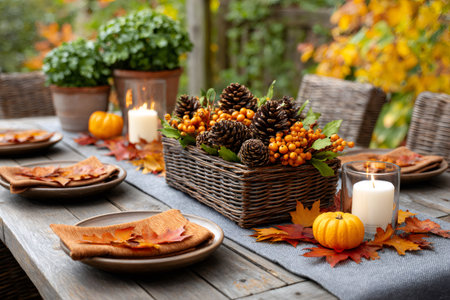 Beautifully decorated outdoor dining table showcases the warm colors and natural elements of fallの素材