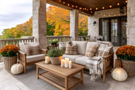 Fall themed patio with comfortable seating, warm lighting, and seasonal decorations creating a relaxing outdoor spaceの素材