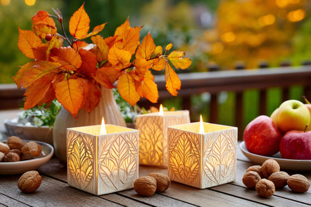 Beautiful autumn still life with burning candles, fall leaves, apples and walnuts on wooden table, creating cozy atmosphereの素材