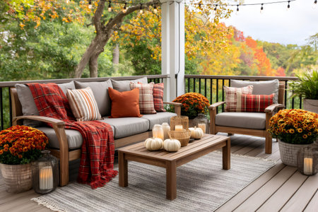 Fall themed outdoor living space showcasing a cozy seating area with warm toned textiles, pumpkins, and vibrant chrysanthemum flowersの素材