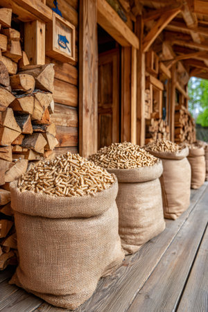 Full burlap sacks brimming with wood pellets provide sustainable fuel near a rustic log cabin, offering a renewable energy sourceの素材