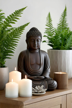 Buddha statue meditating surrounded by burning candles and plants, creating a peaceful and relaxing atmosphereの素材