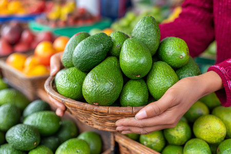 Hands holding wicker basket full of ripe avocados at farmers market with colorful fruit in backgroundの素材