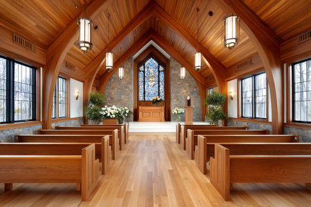Warm light illuminating wooden pews and stained glass window inside a modern churchの素材