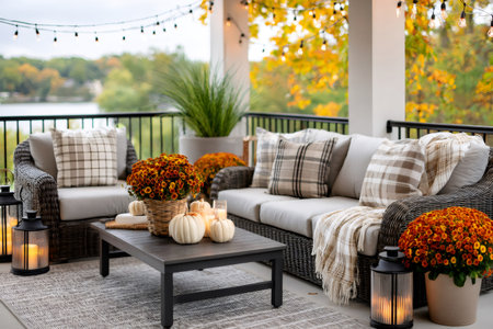 Relaxing fall themed outdoor living space featuring comfortable furniture, warm lighting, and seasonal decorationsの素材