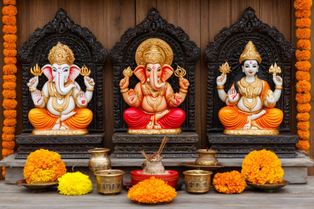 Colorful statues of Ganesha and Lakshmi, important Hindu deities, are displayed on a wooden altar, adorned with vibrant marigold garlands and offeringsの素材